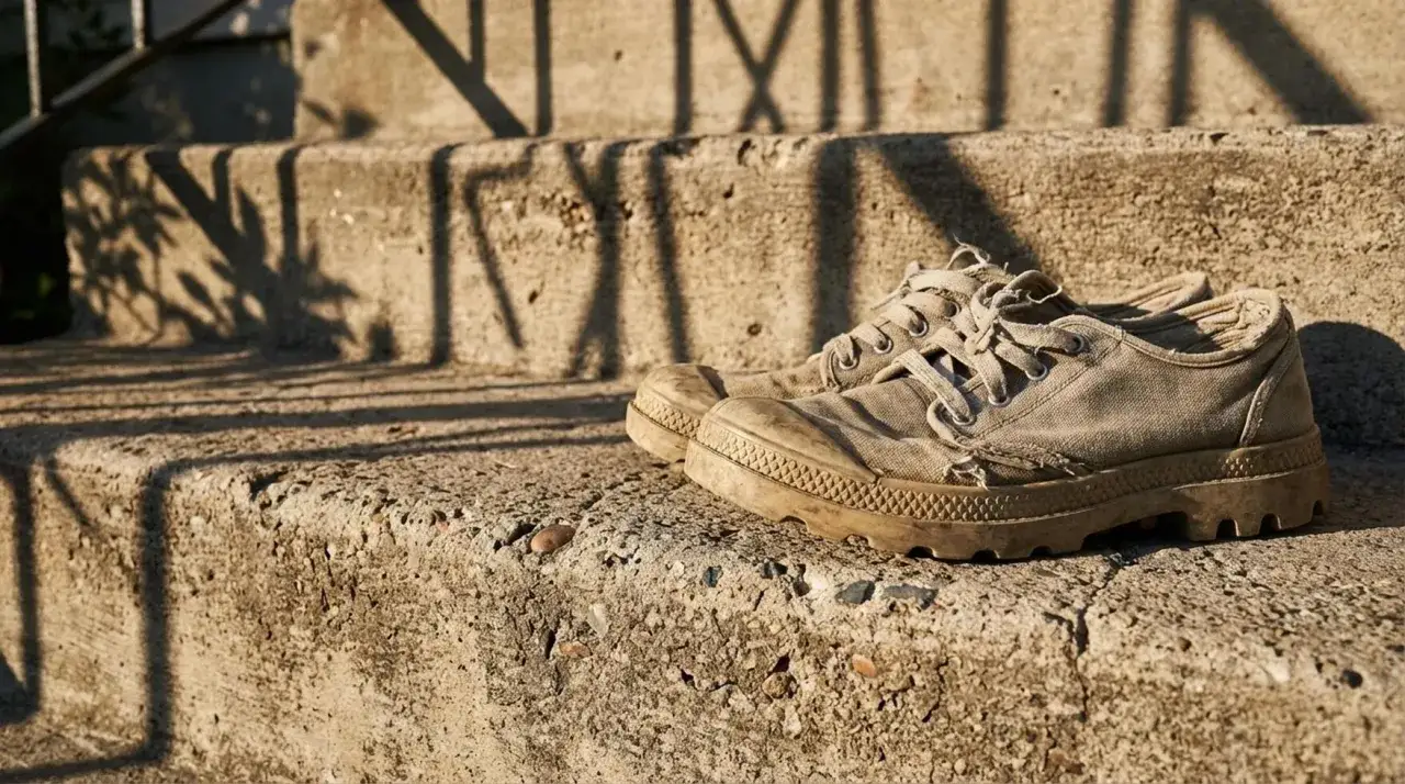 Unas zapatillas gastadas, testigos de mil aventuras, descansan sobre escalones de cemento bajo la sombra de hojas.