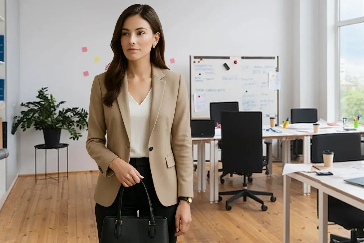 Mujer con traje de negocios en oficina moderna.
