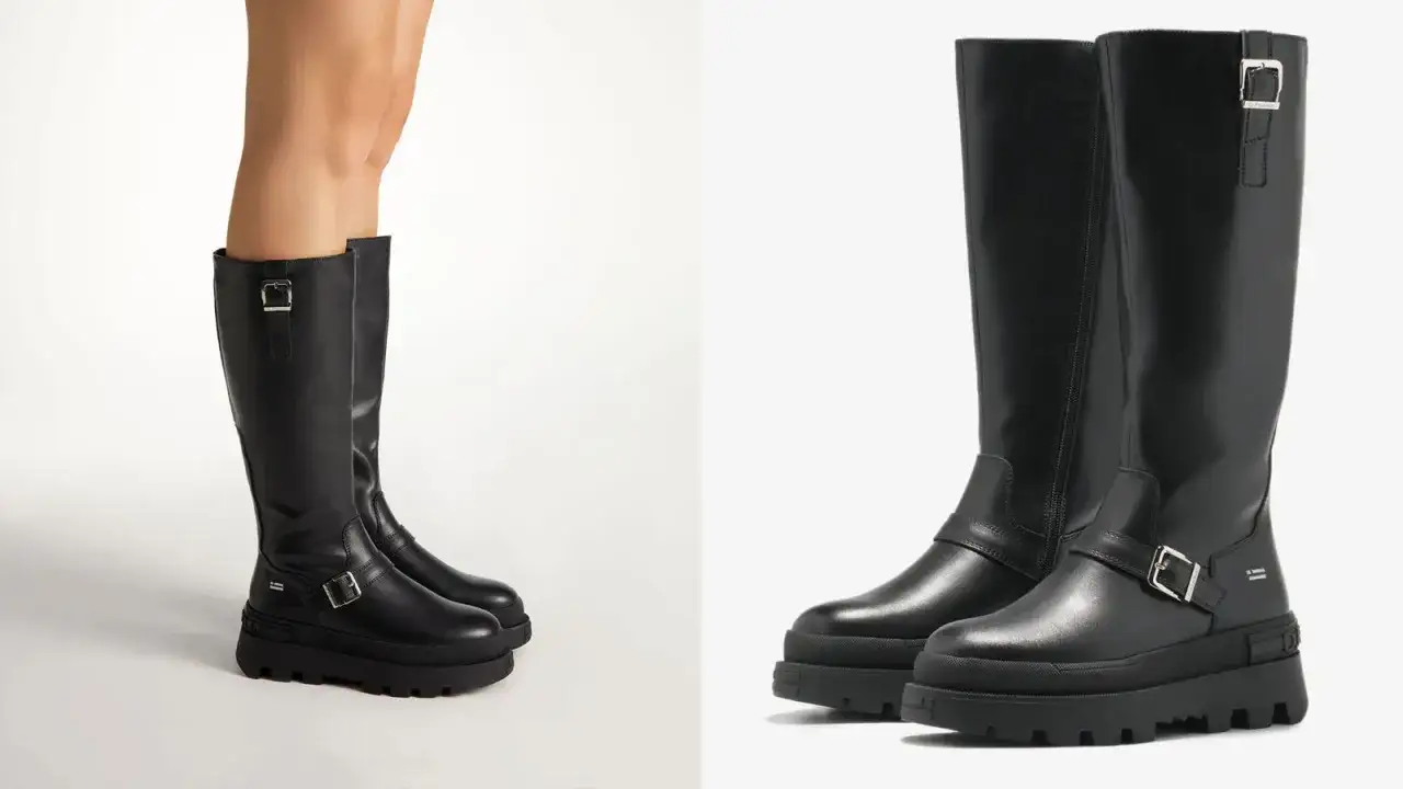 Botas negras de altura de caña con hebillas y suela gruesa.