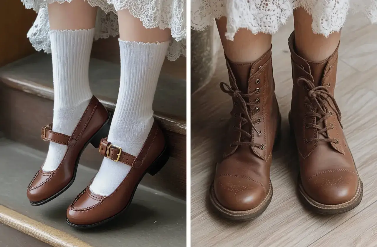Zapatos y botines de cuero marr&oacute;n, calcetines blancos y encaje, un look de estilo cottagecore perfecto para un paseo campestre.