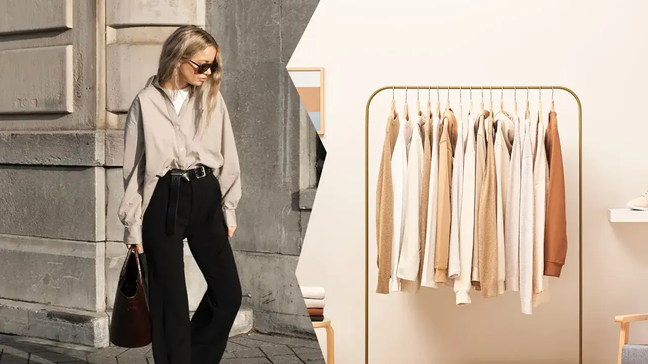 Mujer con atuendo de moda atemporal, camisa beige y pantalones negros, junto a un perchero con ropa en tonos neutros.