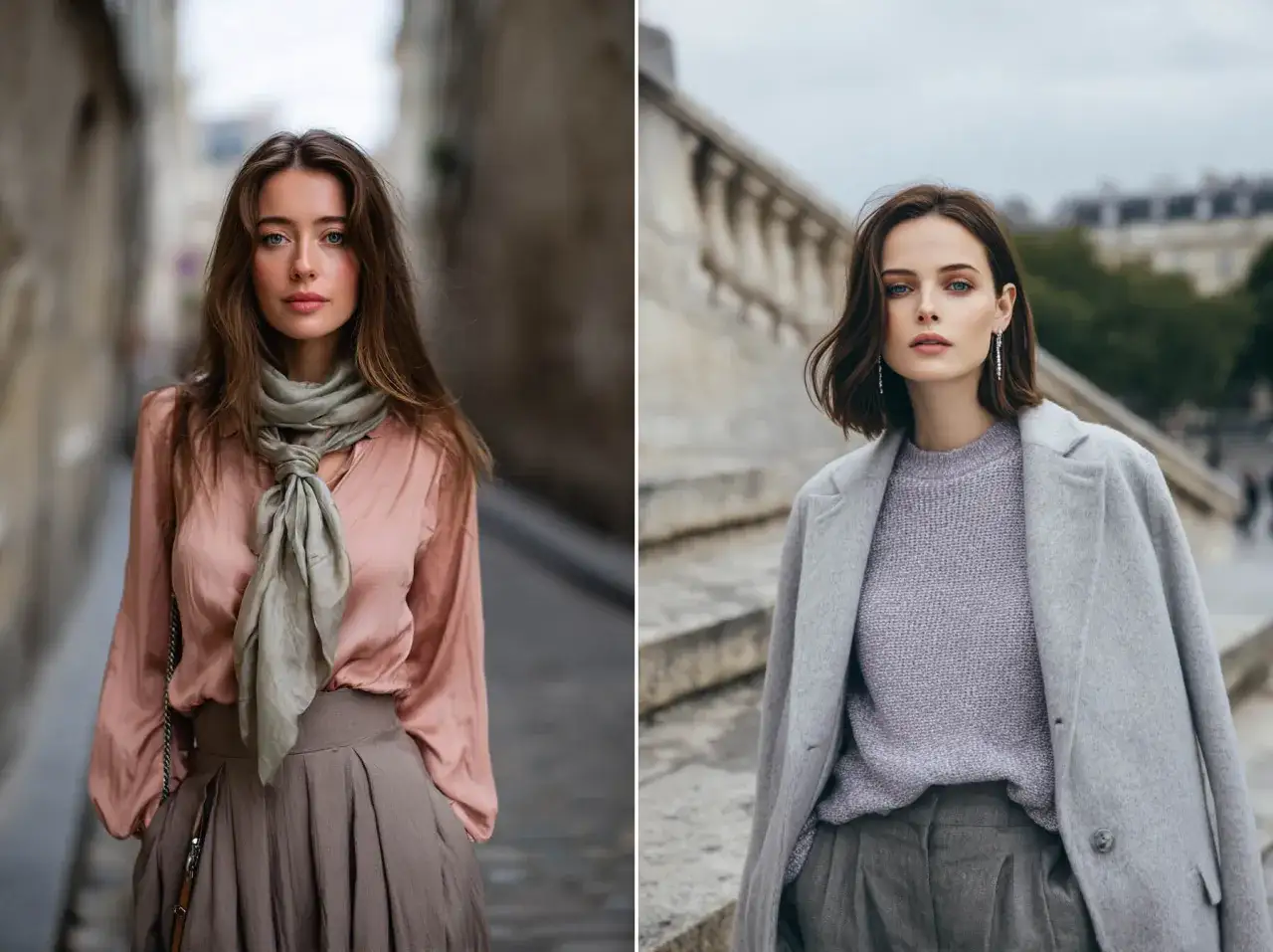 Dos mujeres con atuendos elegantes. La de la izquierda, con blusa rosa y pañuelo verde, evoca el color verano. La de la derecha, con abrigo gris, luce un estilo más sobrio.