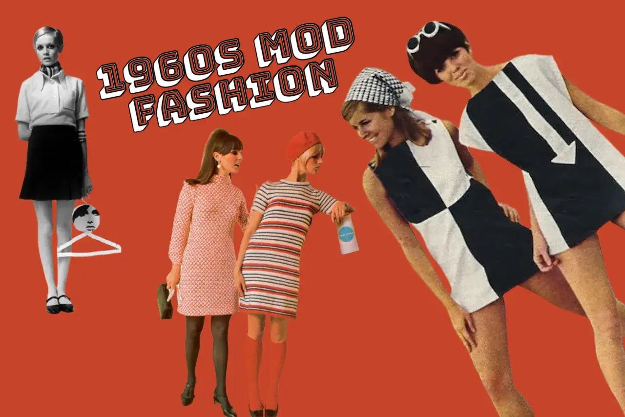 Chicas con estilo mod mujer de los 60, vestidos geométricos y estampados vibrantes.