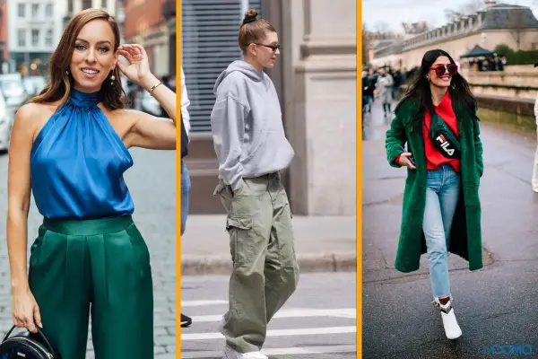 Tres mujeres lucen estilos urbanos. Una lleva un top azul y pantalones verdes, otra un conjunto gris y cargo, y la tercera un abrigo verde con rojo. Muestran cómo los colores que combinan con el verde son versátiles.