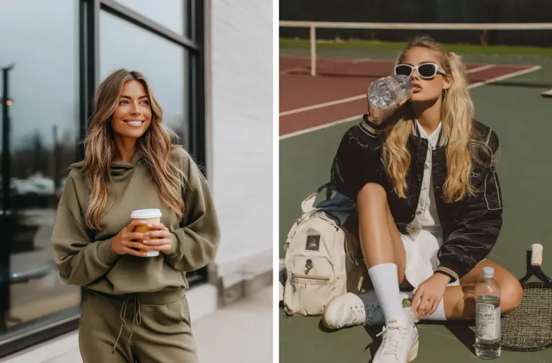 Mujer con conjunto deportivo color oliva y café. Otra mujer con estilo sporty en cancha de tenis, bebiendo agua.