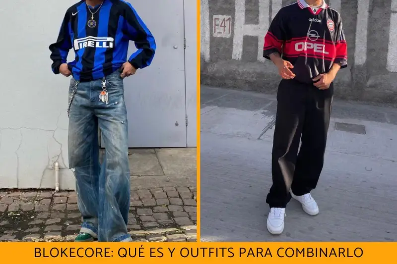 Dos jóvenes muestran outfits de blokecore: uno con jersey de fútbol vintage y jeans anchos, el otro con camiseta retro y pantalones negros.